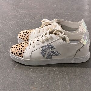 Distressed sparkly animal print leather white sneaker with iridescent back